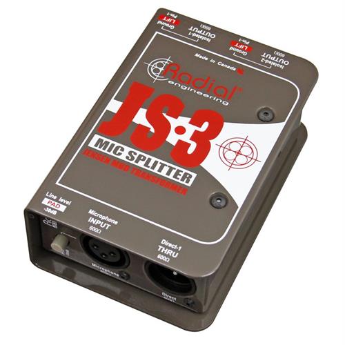 Radial JS3 - Mic splitter, passive with 1-input, 1-direct out & 2 Jensen isolated outputs 
