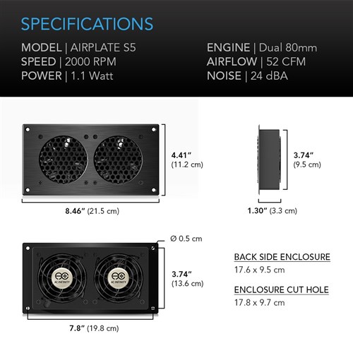 Airplate S5 Cabinet Cooler BLK 2 x 80mm fans 1472LPM @18dBA AC Infinity
