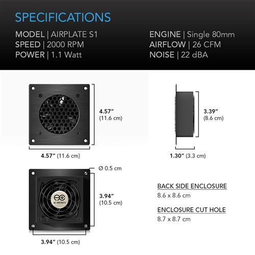 Airplate S1 Cabinet Cooler BLK 1 x 80mm fan 736LPM @17dbA AC Infinity